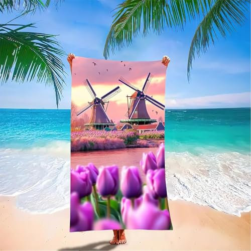 Telo Mare Mulino a Vento Asciugamano Microfibra Viola Grande 160 x 80 cm Asciugamano Palestra Uomo Telo Mare, Asciugatura Rapida, Assorbente, Antisabbia Stuoia Spiaggia per Palestra, Viaggi Nuoto 5A-2