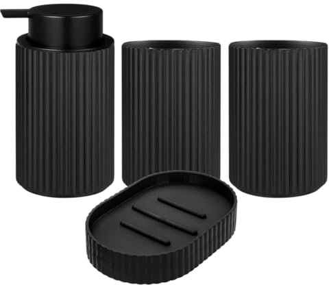 Juego de Accesorios de Baño de 4 Piezas con un dispensador de jabón Negro, un Vaso para Cepillo, un Vaso para hisopos y Bandeja para Pastilla de jabón, Accesorios para baño, jabón líquido y Gel