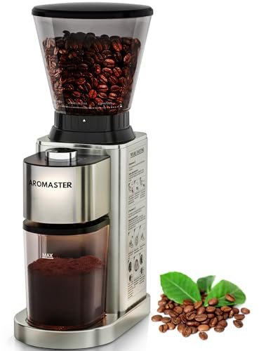 Aromaster - Coffee Grinder with 48 Gind Settings, Conical Coffee Grinder for Home Use, Stainless Steel, 40 Seconds Adjustable Timer, Anti-Static, Easy to Clean