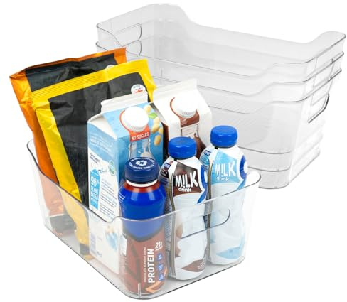 Amtido Clear Plastic Organiser Storage Large, 4 Pack (28.5 x 20.6 x 13 cm) – Durable, BPA-Free PET Fridge Organisers with Handles - Nestable Tray Storage for Kitchen, Fridge, Pantry, Bathroom