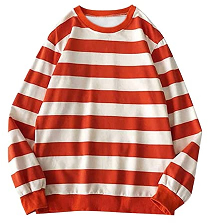 Generisch Suéter delgado para mujer y hombre, blusa de rayas de manga larga, cuello de piel, naranja, M