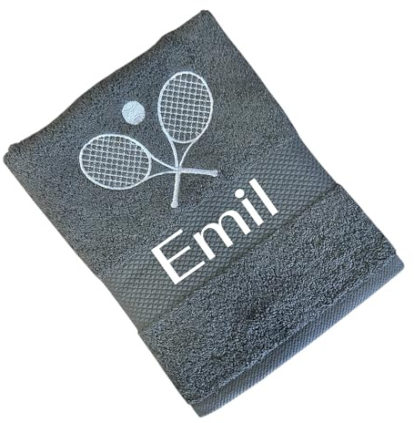 Arthi® Besticktes Handtuch mit Tennischläger & Deinem Wunschtext 100% Baumwolle 50x100cm / 100x150cm personalisierte Geschenkidee (Grau, 50x100)