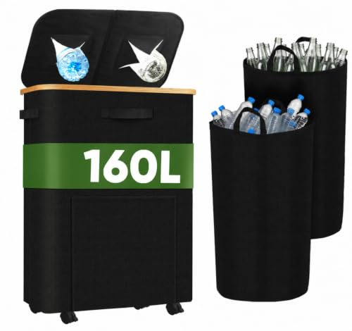 Truevaste Pfandflaschen Sammelbehälter 160L mit 2 Fächern & Wasserdicht Innenbeutel & Deckel für Glasflaschen Dosen Plastikflaschen, Leergut Sammler mit Rollen, Faltbarer, für Küche Abstellraum