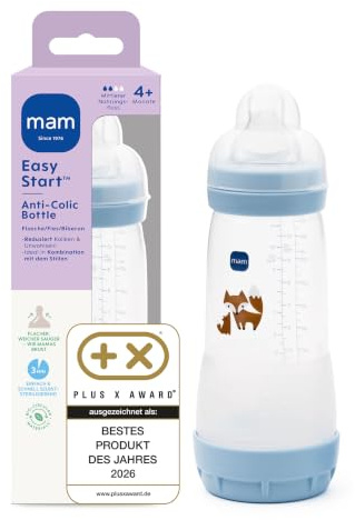 MAM Easy Start Anti-Colic Babyflasche 320 ml, 4+ Monate, Gr. 2, Fuchs | Selbst-sterilisierend in der Mikrowelle in 3 Min, Anti-Kolik-Bodenventil, brustähnlicher SkinSoft Sauger, ab 4 Monaten