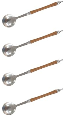 PANGBOER Lot de 4 cuillères à soupe rondes en acier inoxydable avec manche en bois pour salle à manger et cuisine