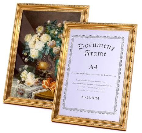 PWGHWG 2er Set A4 Bilderrahmen 21x29 cm Gold Fotorahmen Antik Bilderrahmen Vintage Photo Frame mit Bruchsicherem Acrylglas für Wand oder Tischaufsteller