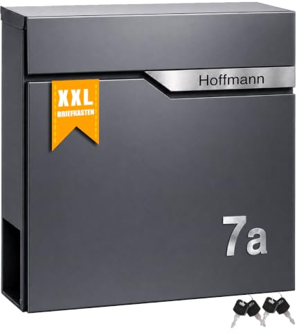 Zedelmaier Briefkasten mit Zeitungsfach, personalisierte Mailbox, Anthrazit | Wetterfester Wandbriefkasten RAL 7016; großes Edelstahl-Namensschild & -Hausnummer, DIN C4, 4 Schlüssel, 37 x 37 x 10,5 cm