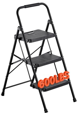 VEVOR Escalera Plegable de 3 Peldaños, Escalera de Tijera con Estructura de Acero, Capacidad de Carga Máx. 272 kg, con Pies Antideslizantes y Asa Superior de Goma, Utensilio para Hogar Cocina Oficina