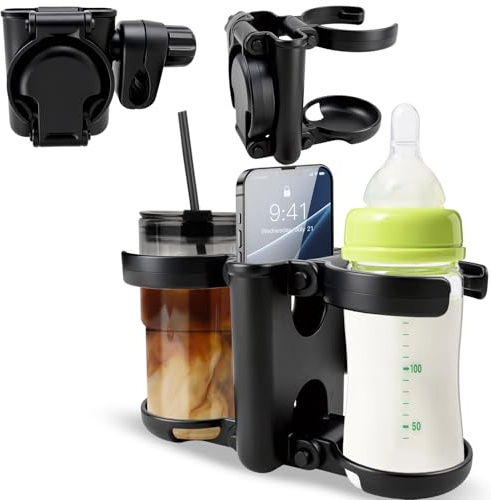 3-in-1 Kinderwagen Getränkehalter Faltbarer Doppel Becherhalter | Mit Handyhalter Fahrräder Rollstühle Kinderwagen Kaffeebecherhalter Flaschenhalter Getränke Halter für ABC Design Cybex Hau