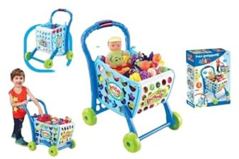 MSQUARE 3 in-1 Kids Mini Shopping Cart, Grocery Trolley, Detachable Basket, Educational Toy, Trolley with Vegetable Fruits, Imaginative Play Toy for Boys & Girls