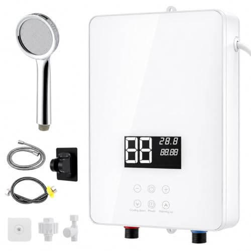 Durchlauferhitzer, 6000W 230V Elektrische Tankloser Warmwasserbereiter, Mini Elektronisch Geregelter Warmwasserbereiter Durchlauferhitzer für Dusche, Badezimmer, Küche [Energieklasse A] (Weiß)