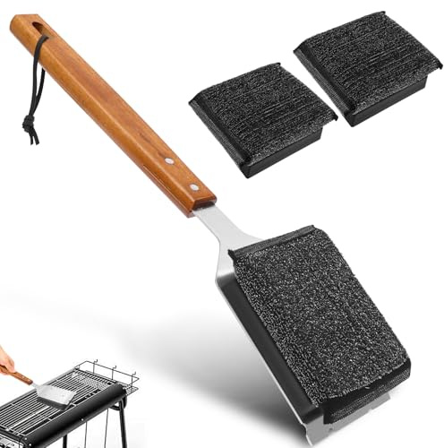 Ånggrillborste utan trådborst med skrapa och 2 reservhuvuden | 42,5 cm trähandtag, grillrengöringsborste av 410 rostfritt stål för gasgrill, kolgrill, grillgaller