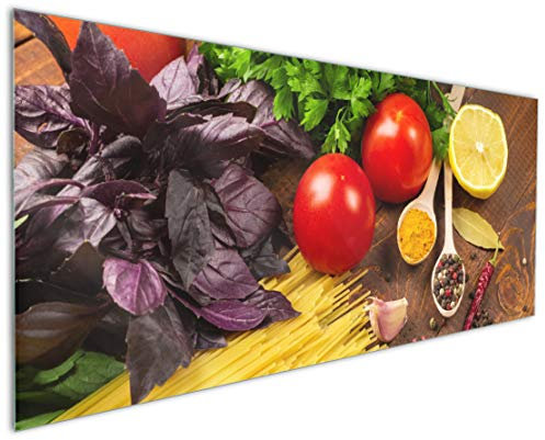 Wallario Küchenrückwand aus Glas 125 x 50 cm, Motiv: Italienisches Menü mit Spaghetti, Tomaten, Basilikum und Gewürzen | Spritzschutz abwischbar & pflegeleicht