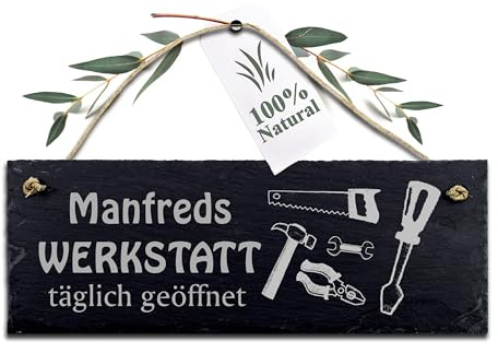 Personalisiertes Schieferschild „Names Werkstatt – täglich geöffnet“ – Türschild aus echtem Schiefer mit Kordel – Geschenk für Papa, Opa oder Heimwerker – Werkstatt-Deko mit Wunschnamen