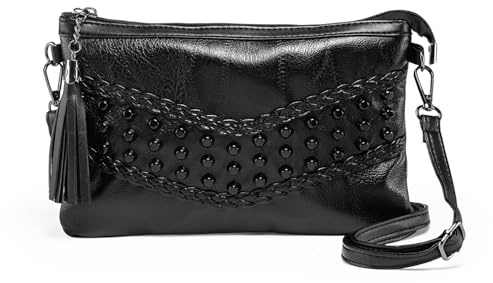 LaRechor Bolso Bandolera Mujer Pequeño Bolso de Mano con Remache y Borla Bolso de Hombro de Noche, Asa y Correa, Negro