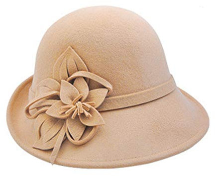 Ulalaza Damen Winter Wolle Filz Cloche Hut mit breitem Rand, Retro Blume Bowknot Vintage Eimer Hut für Damen in 2-light tan