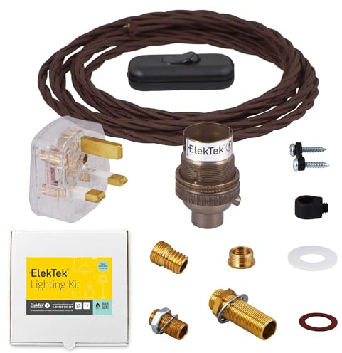 ElekTek Kit de lampe de qualité supérieure en laiton antique sans interrupteur B22 avec Flex marron torsadé, interrupteur en ligne et prise britannique 3 A