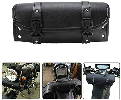HDBUBALUS Universale Motorrad-Lenker-Werkzeugtasche Vorderradgabel Rollenaufbewahrung Sissy Bar Barrel Tasche PU Leder Schwarz