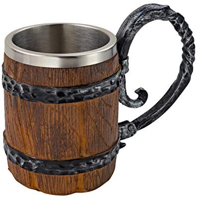Wood Imitation Barrel Stainless Steel Beer Mug - Stainless Steel Cup Natural Eco-Friendly 0.6 Liters 20 Ounces Barrel Brown (Barrel - 600ml)