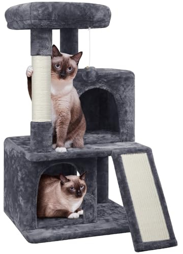 Yaheetech Arbre à Chat 91 cm pour Gros Chat 12KG Gris Foncé | Griffoirs en Sisal, 2 Niches, 1 Plateforme et Boule de Peluche, Livré avec Kit Anti-Bascule, 49 x 45,5 x 91 cm