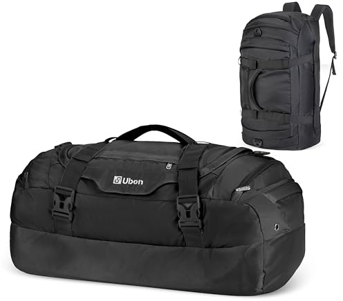 Ubon Faltbare Reisetasche Wasserdicht Sporttasche Groß mit Fach Schwarz 55L | Unisex-Rucksack,Wanderrucksack,Multifunktionale Campingtasche,Große Kapazität,Leicht,Urlaub,Sport,Ausflüge