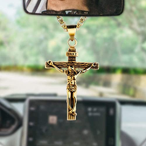 LeapoFaith Cross Pendant for Car Rearview Mirror Charm Jesus Cross Necklace Jewelry Men Auto Interior Car Decor Crucifix Christian Religious Gift (Bronze)
