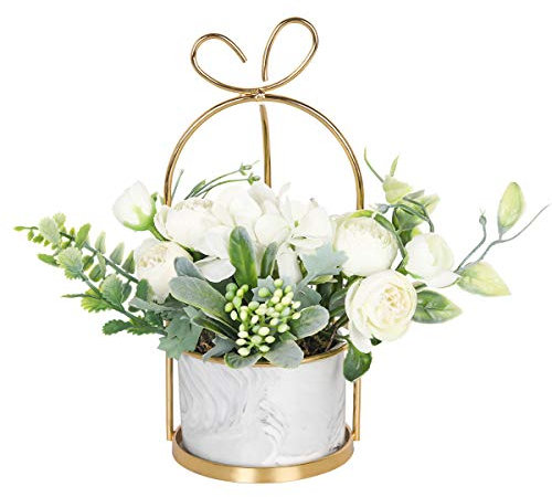 Hobyhoon Artificial Silk Flowers with Vase Fake Hydrangea & Chrysanthemum Floral Arrangement for Home Wedding Decor, Table Centerpiece, Living Room Desk Decoration