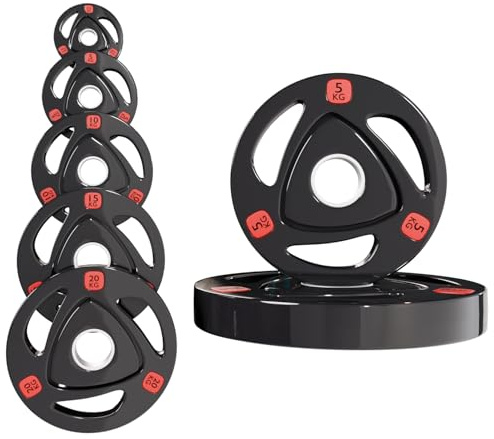 Strongway® Olympic Weight Plates Discs for Barbell Bar - 2 Inch (2) / 50mm Hole - Rubber Coated Cast Iron Weights Tri Grip Range of Weights and Sizes
