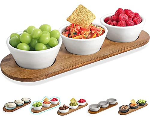 Artena 10oz Ultra-fine Porcelain Chips and dip Serving Platter with Acacia Wooden Tray, 4.75inch White Dipping Bowls,Small Serving Bowls for Condiments, Side Dishes, Pre, Dessert, Salsa, Entertaining