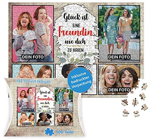 Foto-Puzzle mit 5 Fotos Bedrucken - Glück ist eine Freundin wie Dich zu haben - Collagen-Puzzle selber gestalten für die Freundin - 500 Teile inkl. hochwertiger Kartonverpackung