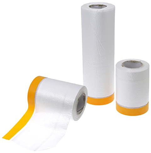 DBOO 1.1m X 20m and 0.55m X 20m Dust Sheet Roll 3 Pack Dust-Proof & Waterproof Shields Drape Masking Film with Self-Adhesive Tape Drop Cloth for Painting, Decorating, Furniture Covering