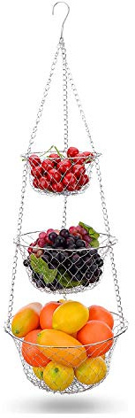 Dasing 3-Stufiger Obstkorb, GemüSeküChe Aufbewahrungskorb Kette HäNgend Platzsparende FrüChte, Pflanzenaufbewahrungskorb (Silber)