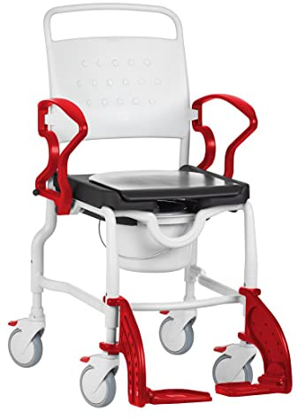 FabaCare Dusch- Toilettenrollstuhl Frankfurt, höhenverstellbar, made in Germany, Premium Toilettenstuhl, Duschstuhl fahrbar, Rollstuhl mit WC Eimer, Grau-Feuerrot