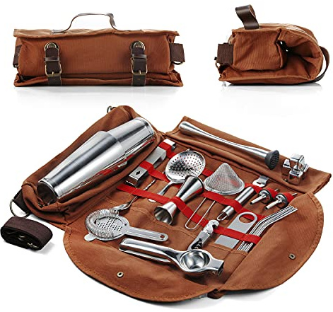 Professionelles Barkeeper-Kit | 24-teiliges komplettes Cocktail-Set mit stilvoller tragbarer Tasche | Bar-Set für Zuhause, Arbeit, Partys, Camping