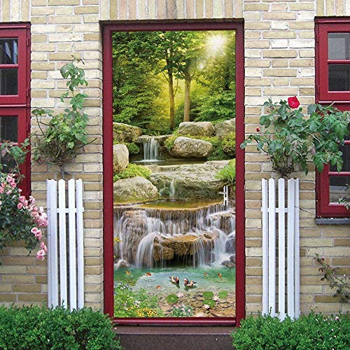 Fototapete Türtapete Selbstklebend 3D Türposter Sonnenschein-Wald-Fluss-Wasserfall 90X200Cm - Abnehmbar Wandtattoo Türfolie Poster Tapete Türaufkleber Für Tür, Wohnzimmer, Schlafzimmer, Küche