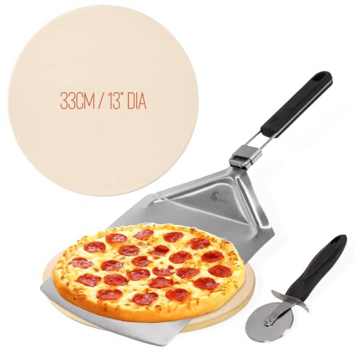 SEDOL 33cm Round Cordierite Pizza Stone - Multipurpose Baking Stone for Oven, Bread, Pies, Calzone & More - Includes Stainless Steel Pizza Peel