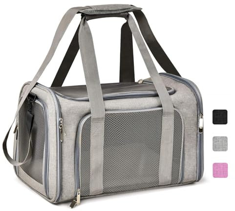 Lohofrnny Transporttasche Katze, Transporttasche für Katze Hund bis zu 8kg, Tragbar Faltbare Haustier Tragetaschen mit Schultergurt für Mittel Kleine Haustiere (Grau, 50x34x34cm)