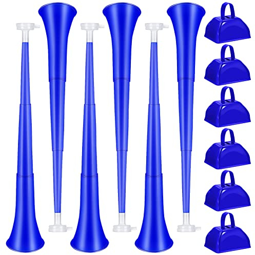 Treela 12 Pcs Collapsible Stadium Horn and Metal Cowbells 24 Inch Vuvuzela Horn Blow Plastic Trumpet Cow Bells with Handle Noisemakers for Sporting Events Graduation Games School Sports Party(Blue)