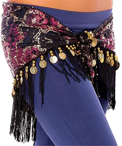 WORNEW Bauchtanz Hüfttuch Frauen Tanzzubehör Fransen Mesh Pailletten Basis Dreieck Gürtel Bauchtanz Hüfttuch mit Münzen Hüfttuch (Color : Pink, Size : One Size)
