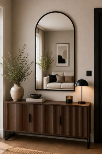MirrorOutlet The Arcus - Black Metal Framed Modern Arched Wall Mirror 47 X 23.5 (120CM X 60CM) Black. 2cm Wide Frame and 3cm Deep