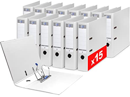 OXFORD 15 Stück Ordner mit Hebel, Smart Pro+, A4XL, Rücken 80 mm, 2 D-Ringe, Polypro-Einband, gefüttert, Weiß