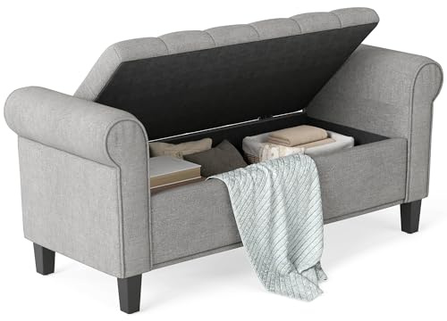 HOMCOM 50 Storage Ottoman Bench, Upholstered End of Bed Bench with Rolled Arms, Wood Legs, Button Tufted Storage Bench with Safety Hinges for Living Room, Entryway, Bedroom, Gray