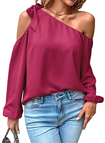 Toplop Damblus, långärmad skjorta, axelfri: festlig, elegant topp, sexiga toppar, höst, vår, ledig tunika, damblus med Carmen Shirtblus, volanger rund hals, B-vinröd, XL