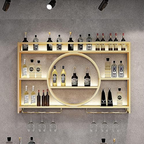 Rmeet Moderne Metall Wand montiert Wein Display Rack, 3-Schicht-Eisen-Rack, Weinregal, Wand-montierte Weinregal, Geeignet für Häuser, Bars, Restaurants und Küchen, Gold,120x15x80cm