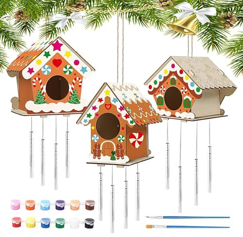 Fulenyi Kinder-Vogelhaus-Bastelset,Unvollendete Vogelhäuser zum Basteln | Unvollendete Vogelhäuser zum Basteln, Weihnachts-Bastelhaus mit 12 Farben, 2 Pinseln, 2 Schnüren, 3 Liebesholzspänen