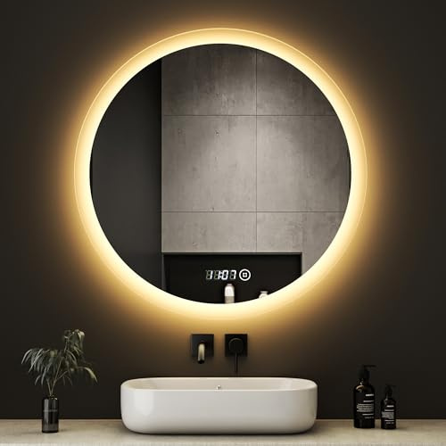 Boromal LED Badspiegel Rund mit Beleuchtung 60x60cm LED Runder Spiegel mit Uhr 3000K-6500K 1810LM Badezimmerspiegel mit Beleuchtung Wandspiegel Rund mit 3 Lichtfarbe Dimmbar Touchschalter, Uhr