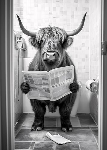 Deqosy Hochlandrind auf WC, Poster 50cm x 70cm ohne Rahmen, Toilette Badezimmer Deko Bild, Wand-Deko Bilder Lustiges Geschenk