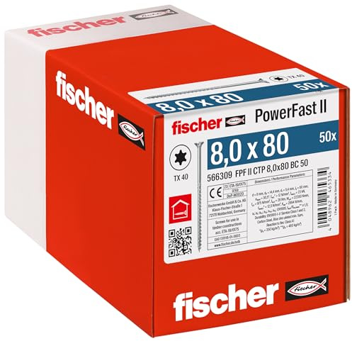 Fischer Viti per Legno e Costruzioni PowerFast FPF II CTP 8,0x80, Filettatura Parziale, Testa Svasata Piana, Impronta Torx, Zincata Bianca, 50 Pz, 566309