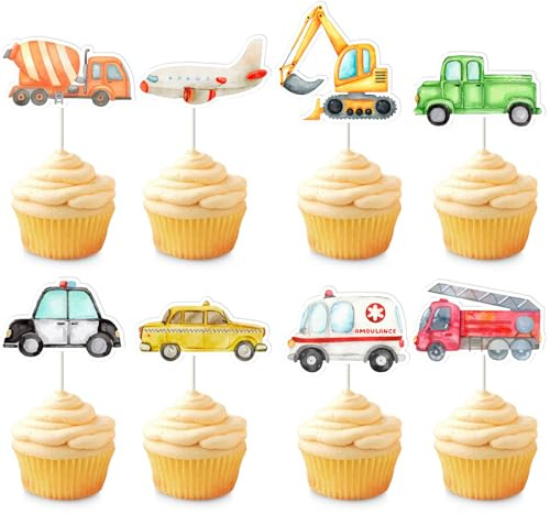 Kreatwow Transportation Cupcake Toppers 32 Pcs Fire Engine Ambulance Taxi Airplane Construction Trucks Airplane Police Car Watercolor Cupcake Picks Transportation Birthday Party Baby Shower Supplies