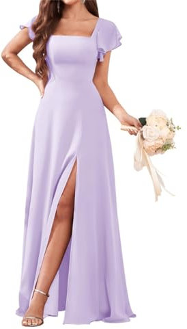 Abito da damigella d'onore in chiffon da donna, con maniche a volant, linea A, lungo, da sera, formale, con spacco, Lilla, 50